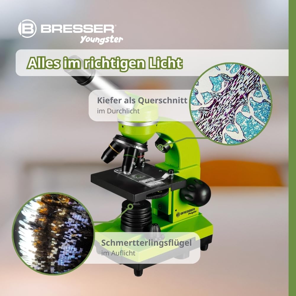 Bresser Junior Schülermikroskop BIOLUX SEL mit Smartphonehalter, reichhaltigem Zubehör und Barlow-Zoom-System für Kinder, Einsteiger und Erwachsene, grün