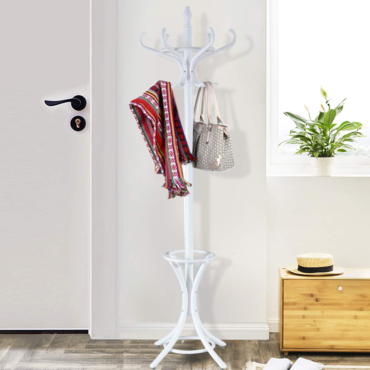 COSTWAY Perchero de Pie Madera 184cm Perchero Árbol con Soporte 12 Perchas para Colgar Ropa Sombrero para Habitación Hogar Oficina (Blanco)