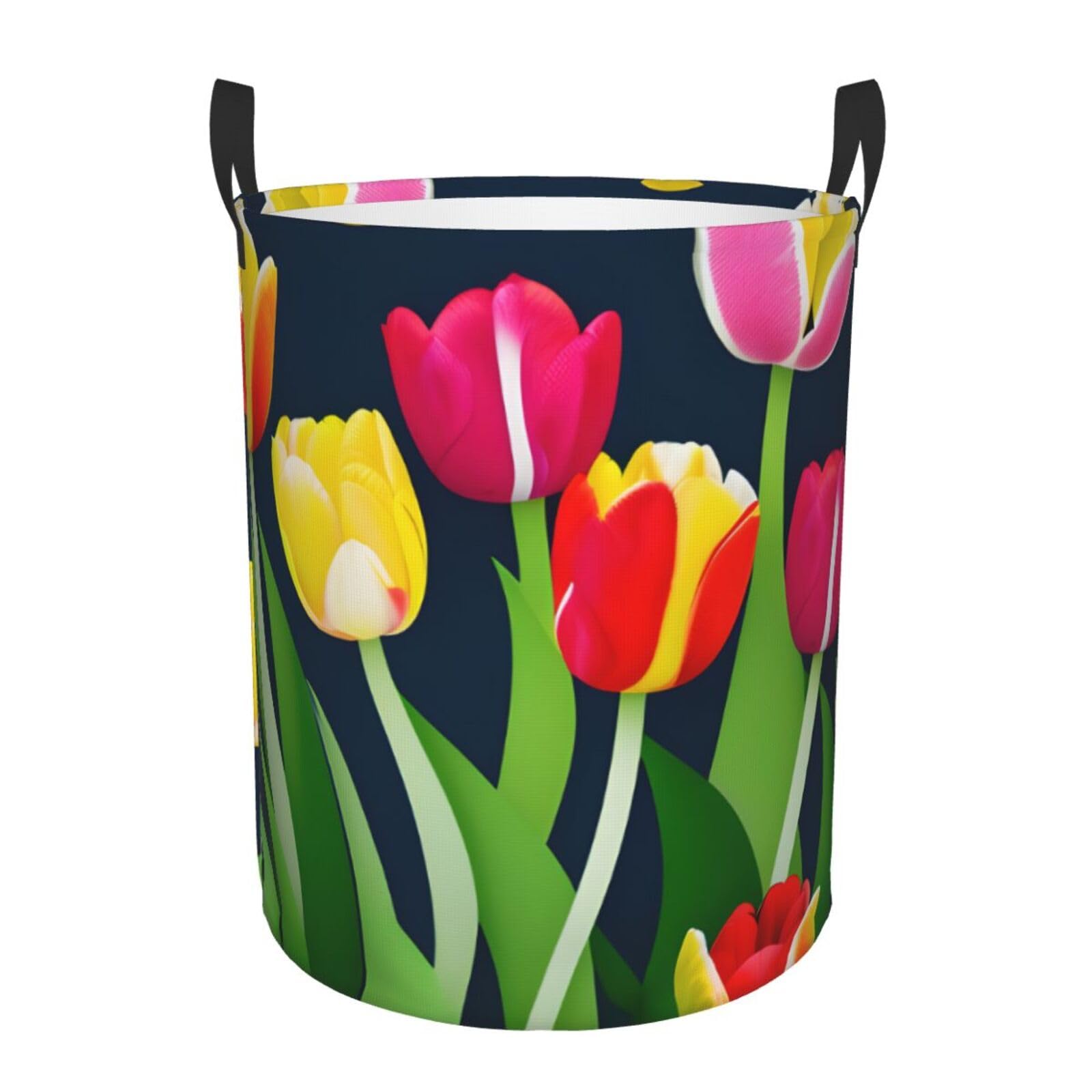 M Collapsible Laundry Hamper Round Colorful Tulips pattern Print Storage