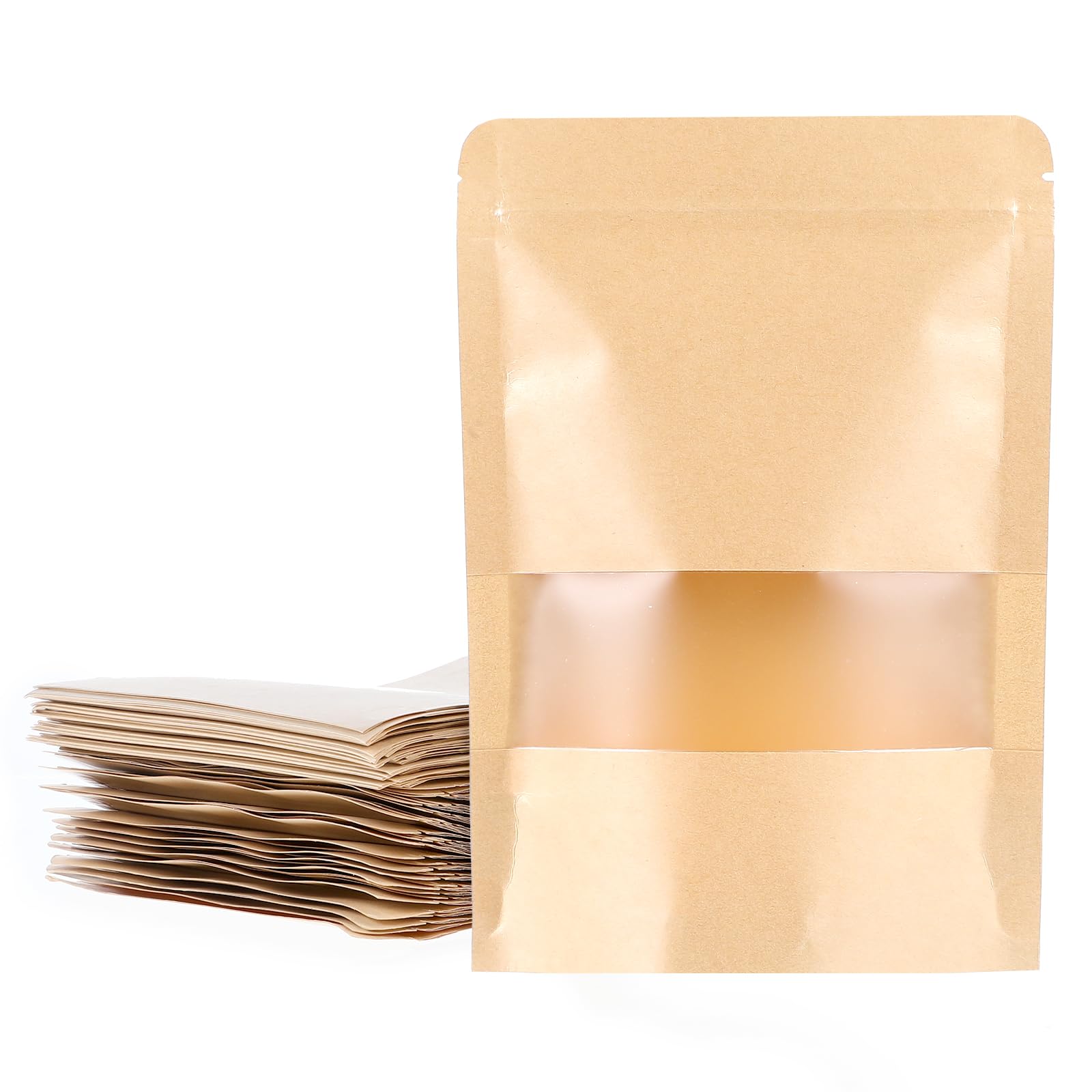 100 PCS Resealable bags, 5.5" x 7.9" Stand Up Kraft Paper Bags with Matte Window, Zip Lock Food Storage Bags for Packaging Products, Reusable,