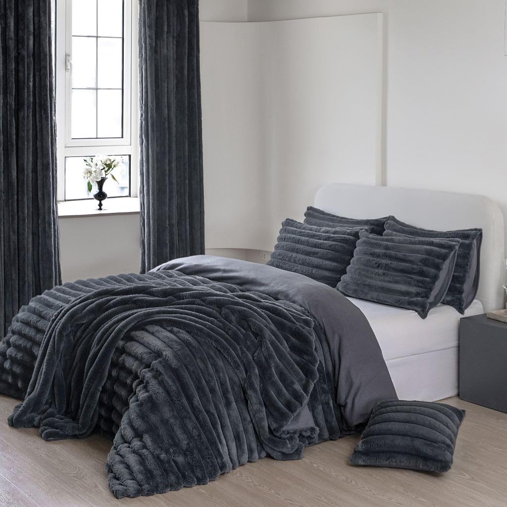 LIZZIE JACOBS Big Cord Style Teddy Sherpa Fleece Super Soft Warm Cosy Duvet Cover Sets Quilt Covers Bedding Sets ( , King Duvet Set), Charcoal