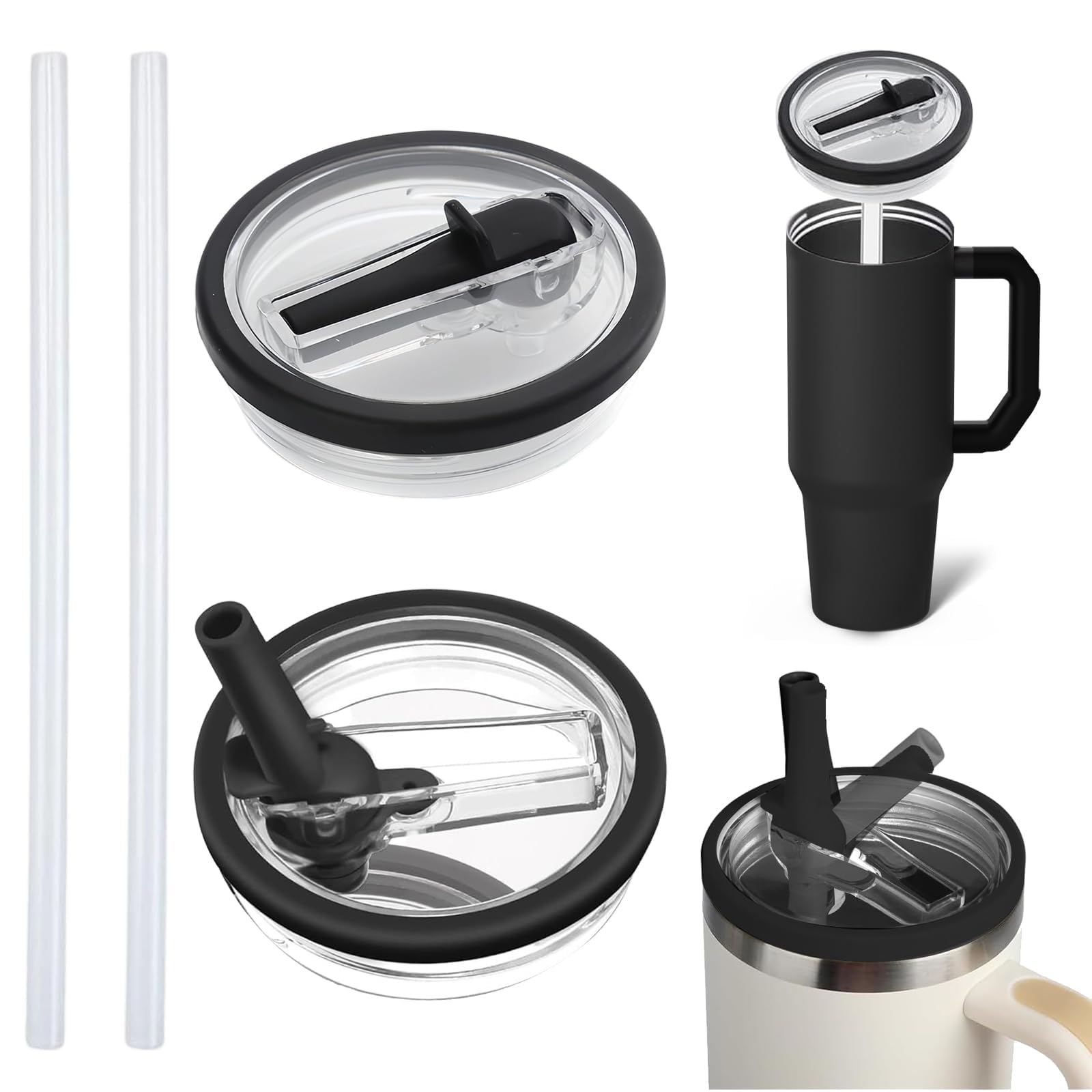 Stanley Cupdeksel, 2 stuks, reservedeksel voor Stanley bekerdeksel, lekvrij met 2 rietjes, herbruikbare lekvrije accessoires, afdekking voor Stanley bekersluiting, zwart