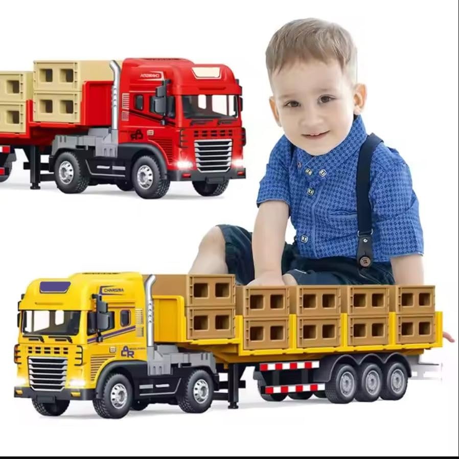 Image of Friction Powered Logistic Transport Truck Toy for Kids Boys Girls Big Size 1:24 Die cast Alloy Model Caret Container Truck with Light Sound Pull Back Vehicle (Multicolor, Pack of 1)