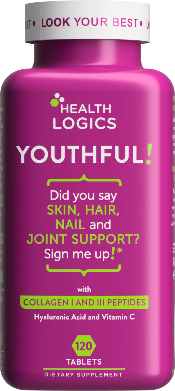 Health Logics Youthful Collagen 6 000 mg Collagen Peptides Types 1 and 3 with Hyaluronic Acid and Vitamin