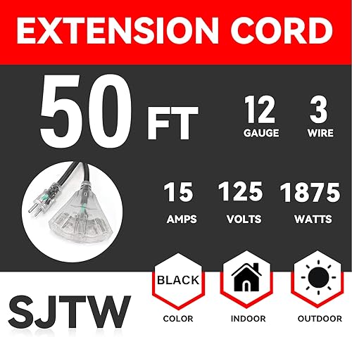 Miniatura 2 de EP Cable de extensión iluminado para exteriores de 50 pies con 3 tomas de corriente eléctrica - Cable de extensión negro resistente SJTW 123 con