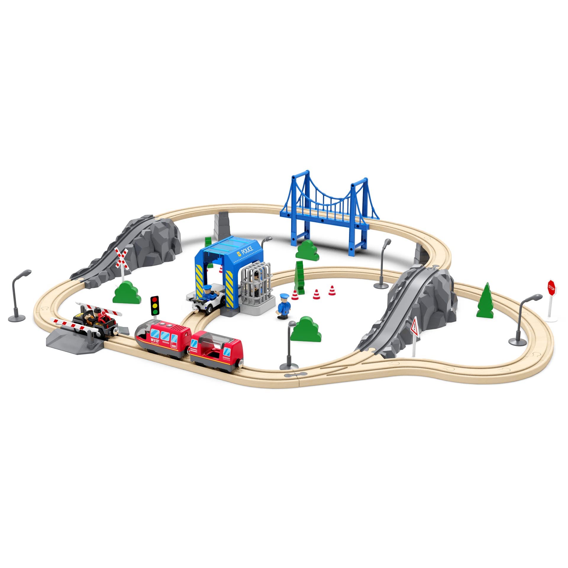TOPLIVING Accesorios para carriles de madera, estación de policía, compatible con todos los carriles de ferrocarril, paquete de ampliación para niños a partir de 3 años