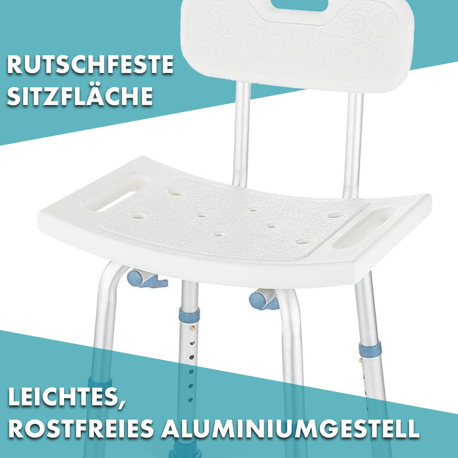 Floordirekt Taboret prysznicowy z odpinaną częścią oparcia, krzesło prysznicowe dla osób starszych, regulowana wysokość 37-50cm, obciążenie do 150kg, antypoślizgowy i stabilny, siedzisko prysznicowe