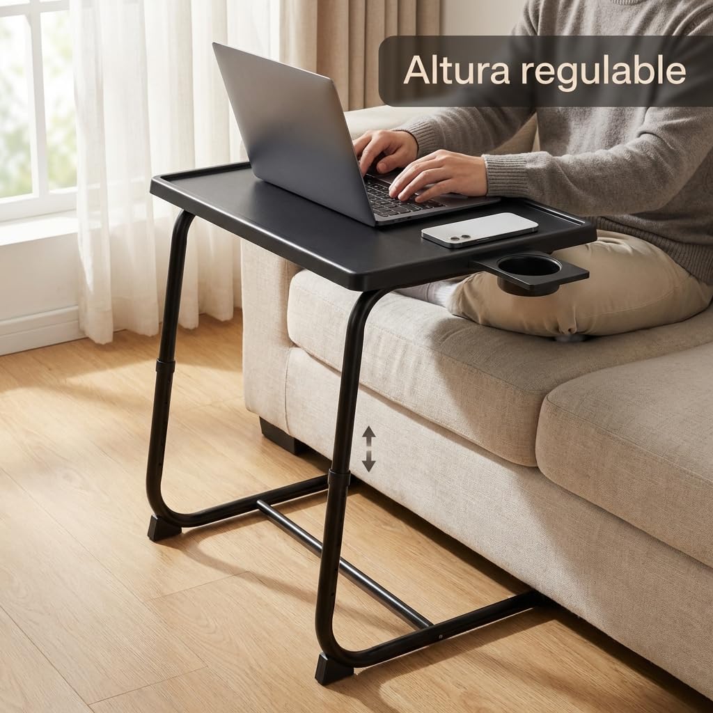 Pincho Mesa Auxiliar Sofa, Mesa Plegable, Folding Table, Mesita para Cama, Mueble Auxiliar Salón con Portavasos con Borde Elevado, Tipo C Altura Regulable Ajustable - Negra para Sofa y Cama — view 4