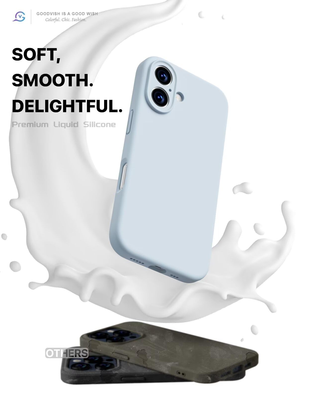 GOODVISH 3 in 1 Silicone Cover per iPhone 16 6.1", Custodia con 2 Pellicola Vetro Temperato [Protezione Fotocamera] 360° Protezione Anticaduta Case per Cellulare Antiurto Resistente, Cielo Blu
