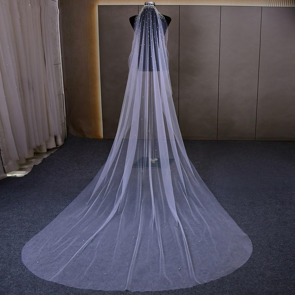 Pearls Wedding Veils with Comb 1 Tier Beaded Wedding Accessories Bridal Veil Wedding Accessory(300cm)