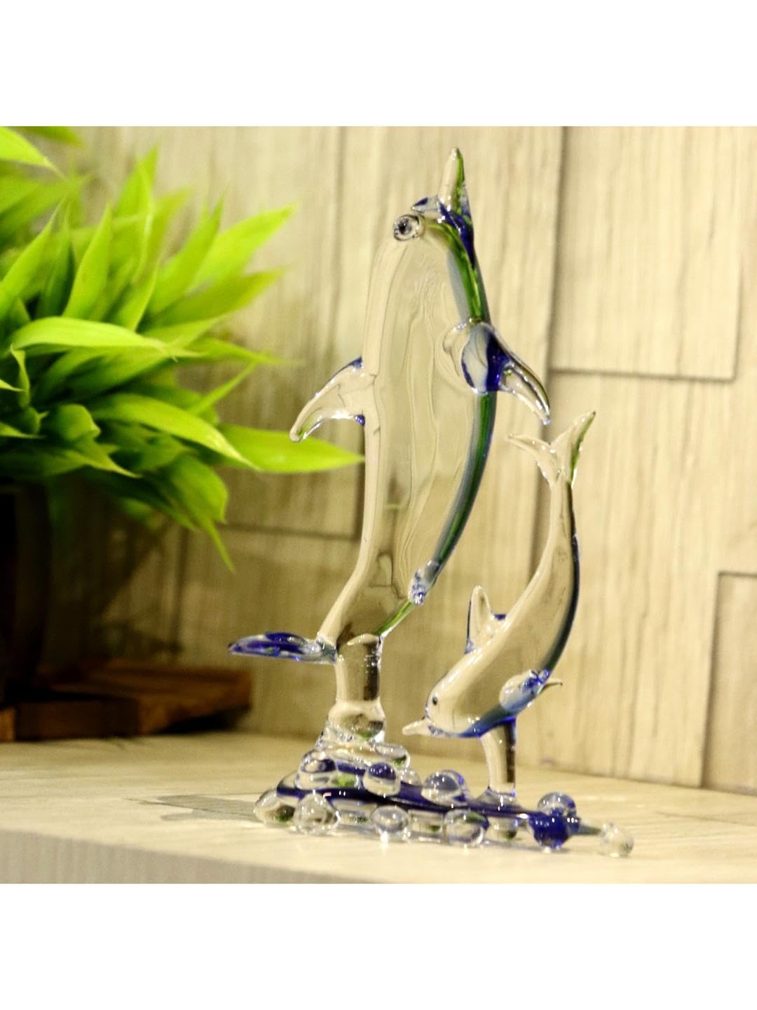 Somil Playing Mother Dolphin with Her Calf Crystal Glass Decorative Gifting Showpiece, Blue, Clear, 8.5 X 5 X 17 Cm, Made by Hand from Expert Artisans