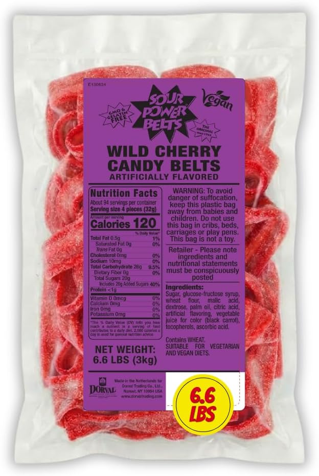 Sour Power Premium Candy Belts, Wild Cherry, 6.6 lb