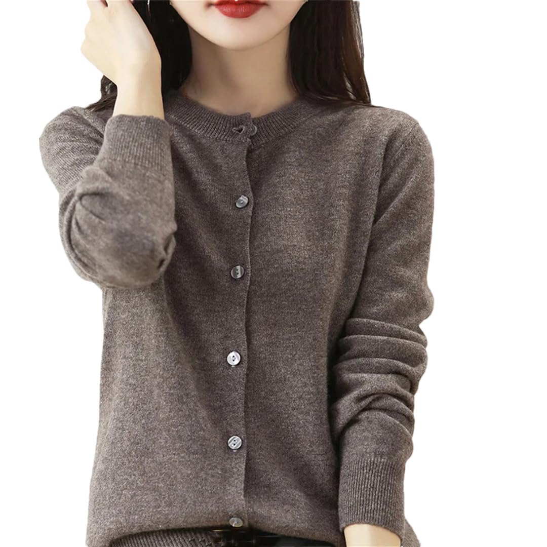 Cardigan da donna in cashmere, maglione con scollo rotondo, per primavera, autunno, inverno, a maniche lunghe, lavorato a maglia