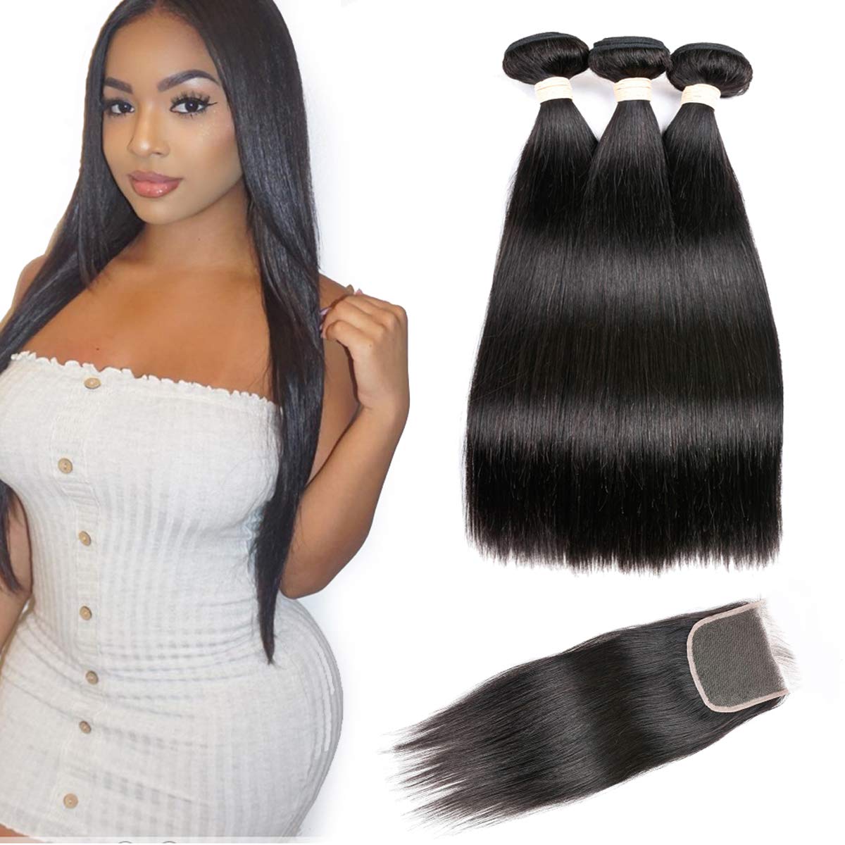 Beauhair Brazilian Virgin Human Hair 3 Bundles With (4x 4) Lace Free Part Closure Straight Wave Weft 100% Real Human Hair Extensions Natural Color (18