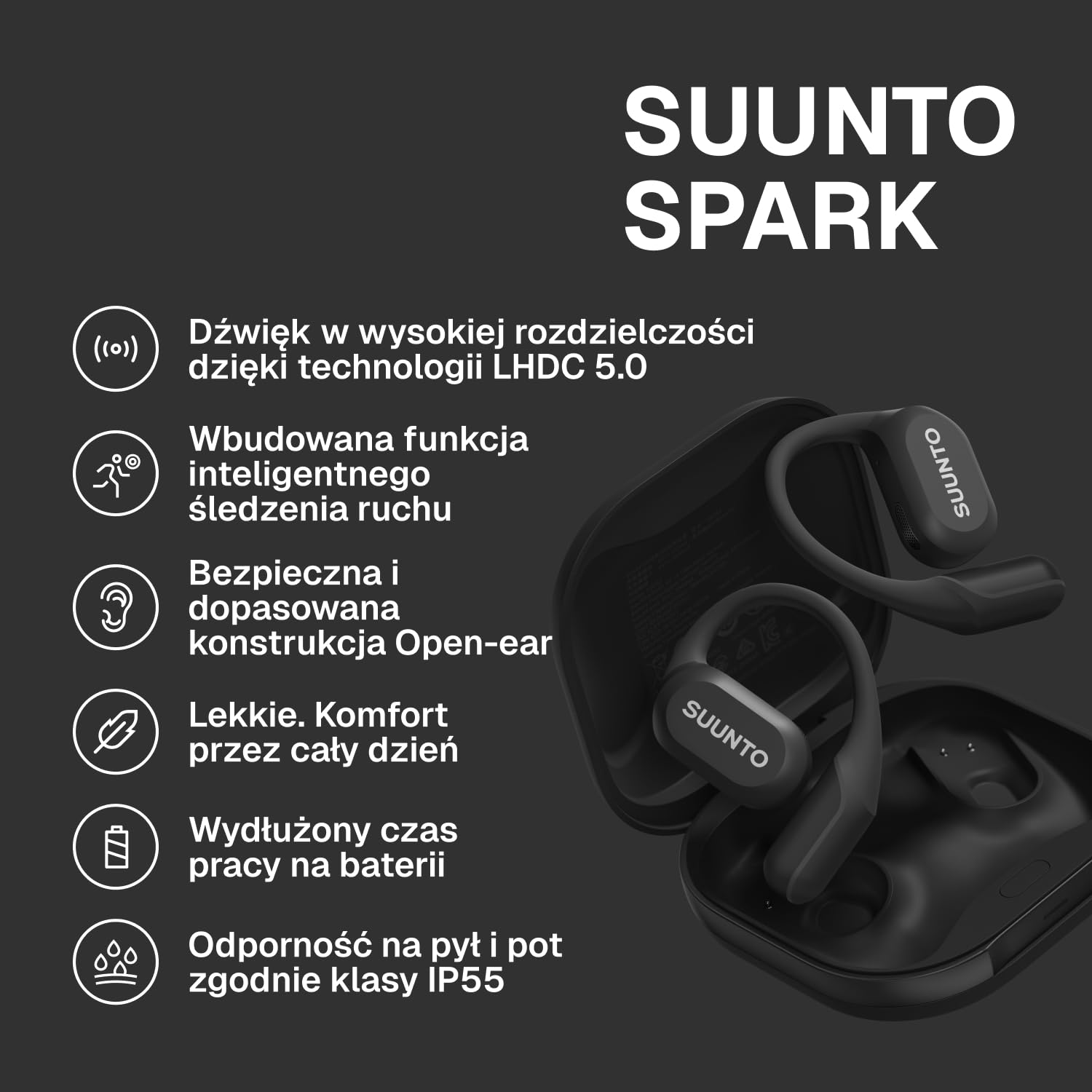 SUUNTO Spark – sportowe słuchawki douszne typu Open Ear, lekkie i wygodne, wodoodporność IP55, do 36 h odtwarzania, Bluetooth 5.4, sterowanie ruchem głowy – do treningu i codziennej aktywności.