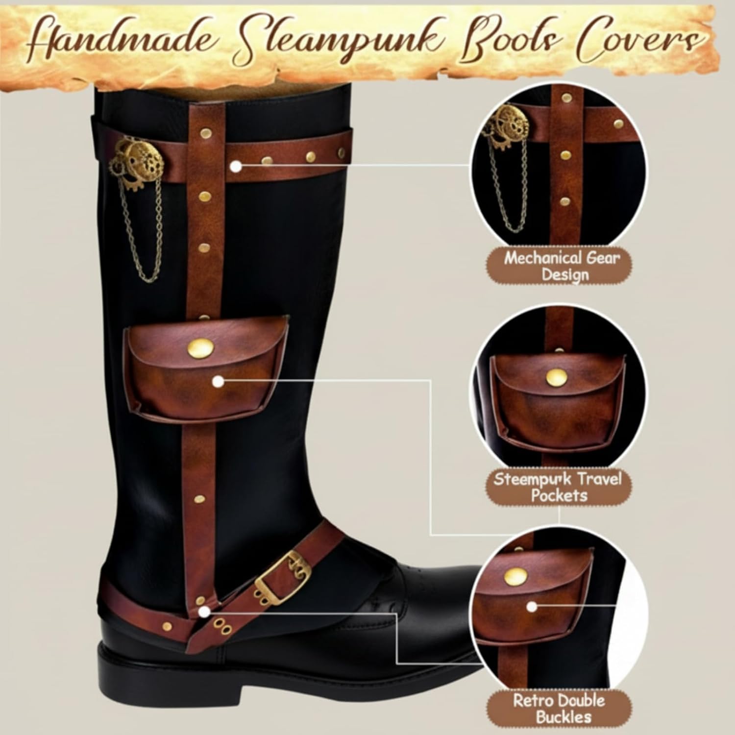 Cuffbow Steampunk Boot Covers for Men, Medieval Faux Leather Leg Gaiters