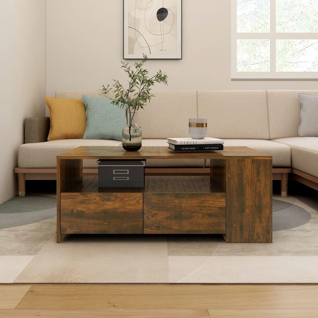 Table basse avec tiroirs chêne fumé meuble de salon multifonction à grands compartiments