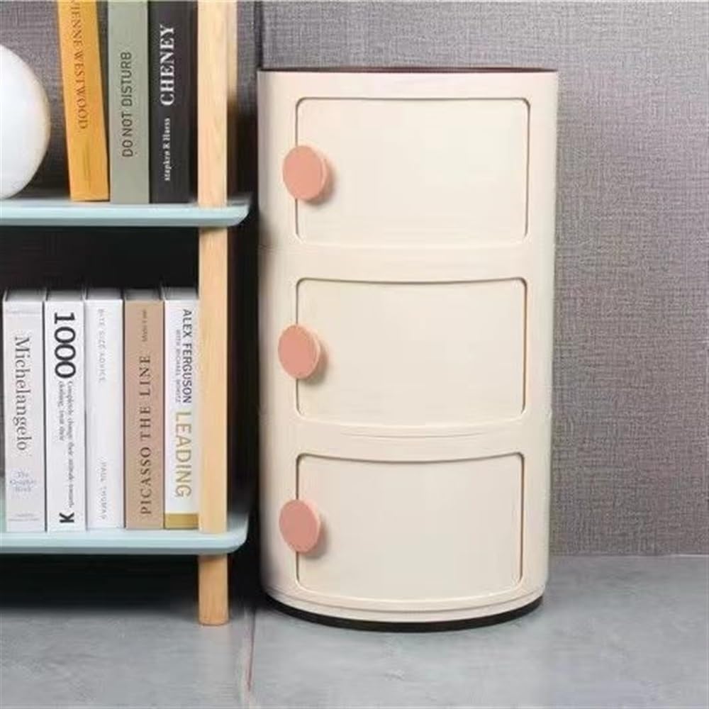 Small Bathroom Cabinet, Round with Slide Drawers, Modern End Table Side Plastic Chest for Living Room Bedroom Bathroom(White,3 Tiers)