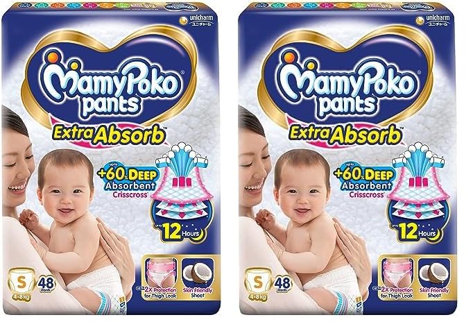 Image of MamyPoko Pants Extra Absorb Baby Diapers, Small(S), 48 Count, 4-8 Kg, Clear (Pack of 2)
