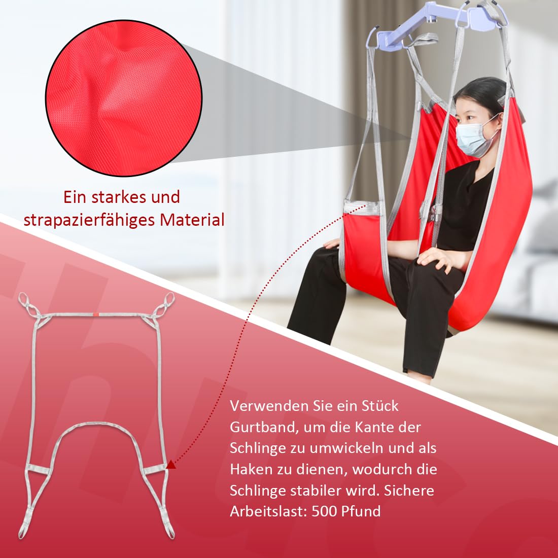 EZ Assistive Patientenlift Sling mit geteiltem Bein und unterem Rücken,Hebegurt für Transfer, Positionierung und Heben, 227kgs Tragkraft (Rot, Mittlere Größe)
