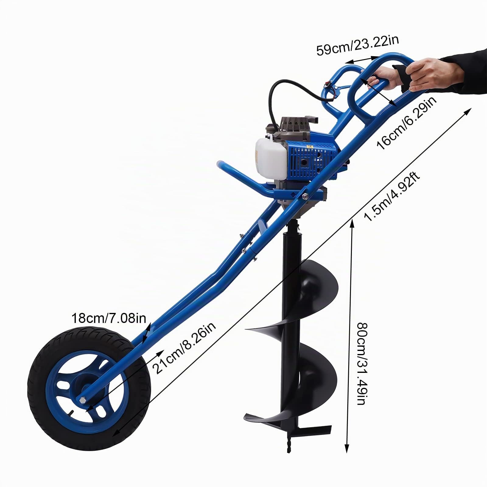 Ahoyadora de gasolina de 2 tiempos, 63CC 2,2KW con ruedas, barrena de gasolina para pfahl, dispositivo de perforación de tierra, brocas de Ø 300 mm, barrena de jardín Earth Auger con