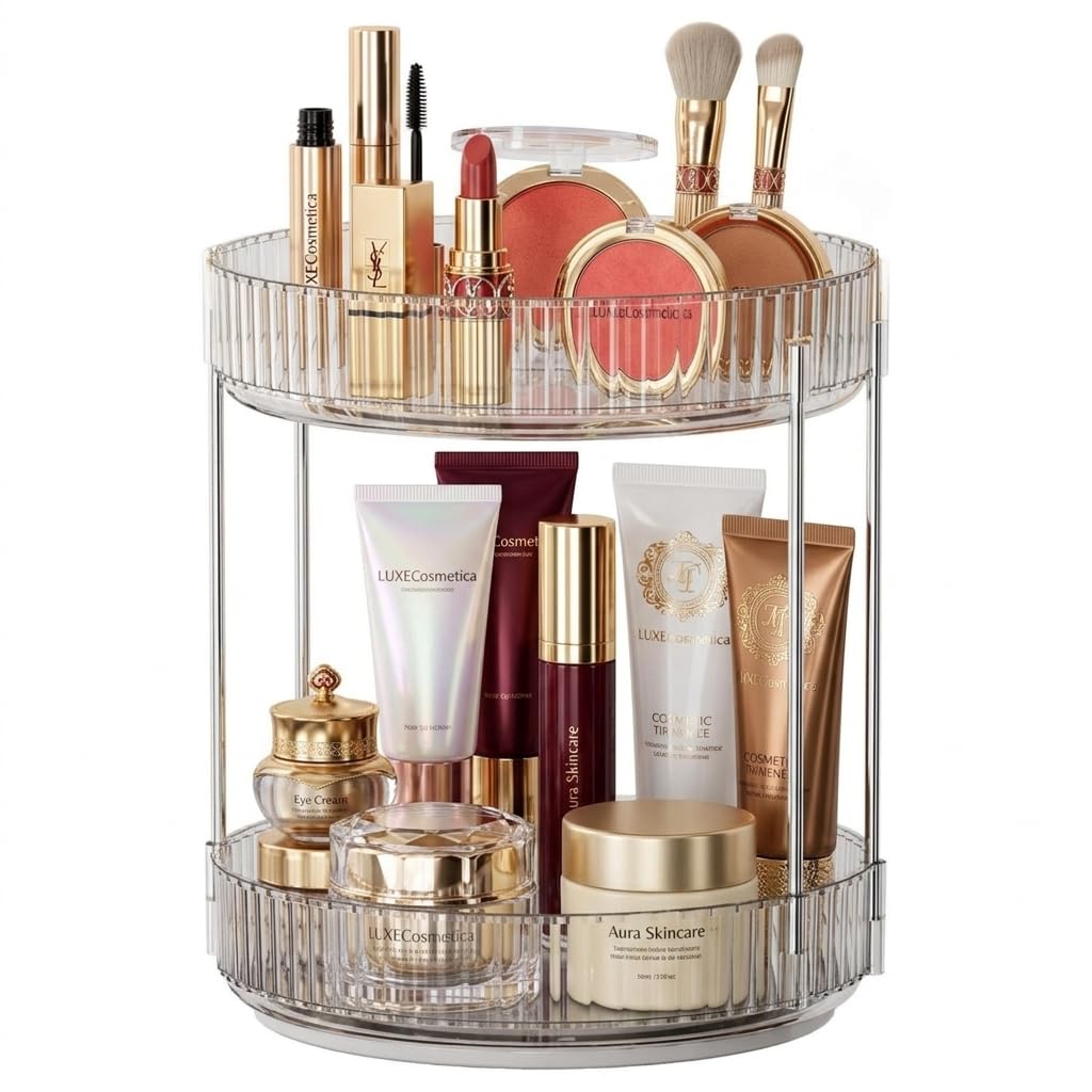 Aliensware 2 Layer 360° Rotating Makeup Organizer Box, Cosmetic Storage Drawers, Plastic Bathroom Vanity Makeup Holder Stand for Lipsticks, Nail Polishes, Dressing Table, Perfume & Accessories (Clear)-picture-21