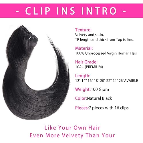 Miniatura 4 de Extensiones de cabello humano real liso con clip, 3.53 oz, sin costuras, extensiones de cabello Remy brasileño 10A, doble trama 10A, 7 piezas con 16