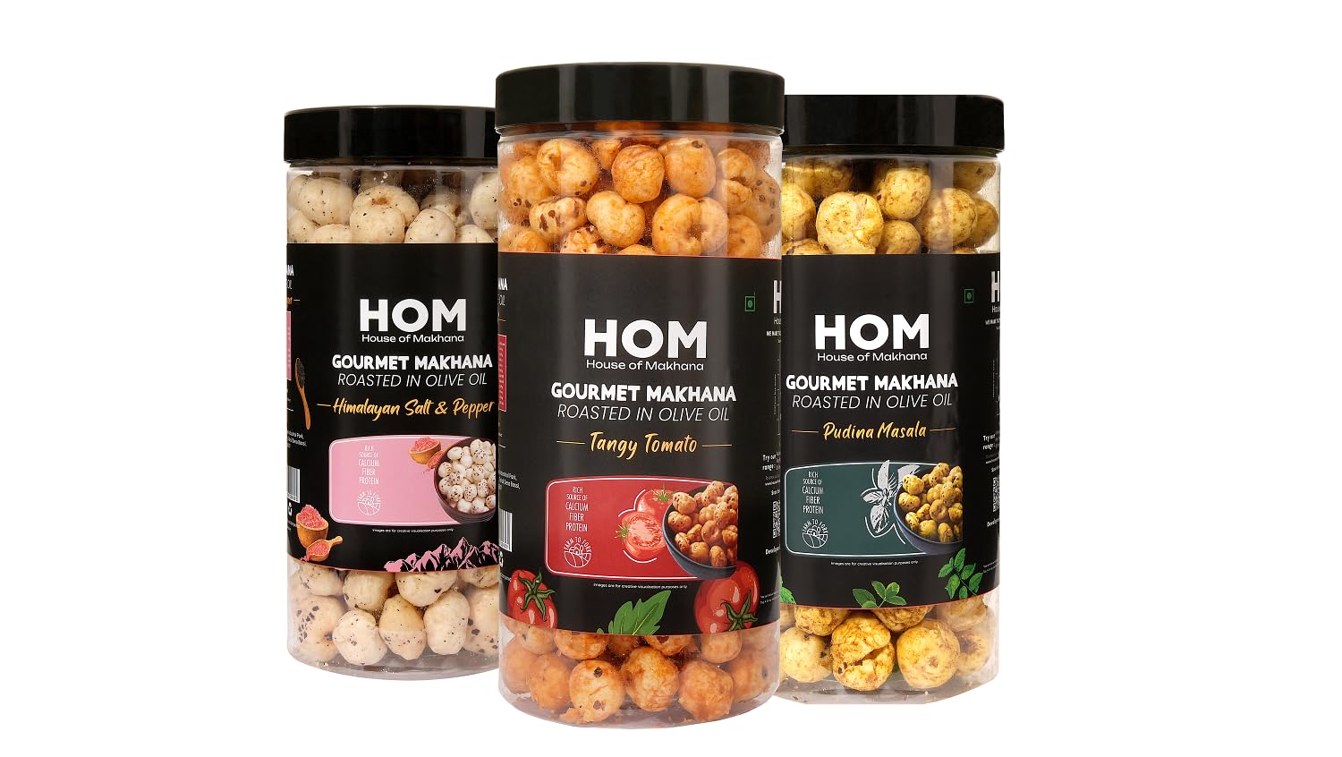 H O M House Of Makhana 195g Tangy Tomato, Pudina + Himalayan Salt and Pepper Gourmet Makhana Jar Roasted in Olive Oil, Flavored Makhana Pack of 3 (65gX3)-image-4