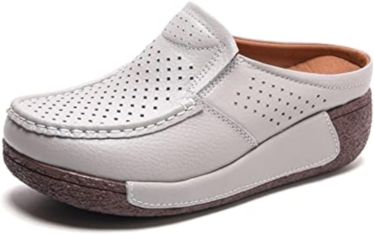 UGOSELEC Women Leather Breathable Slip On Mules,Casual Hollow Out Non-Slip Arch Support Slip On Clogs and Mules Work Shoes Sandals