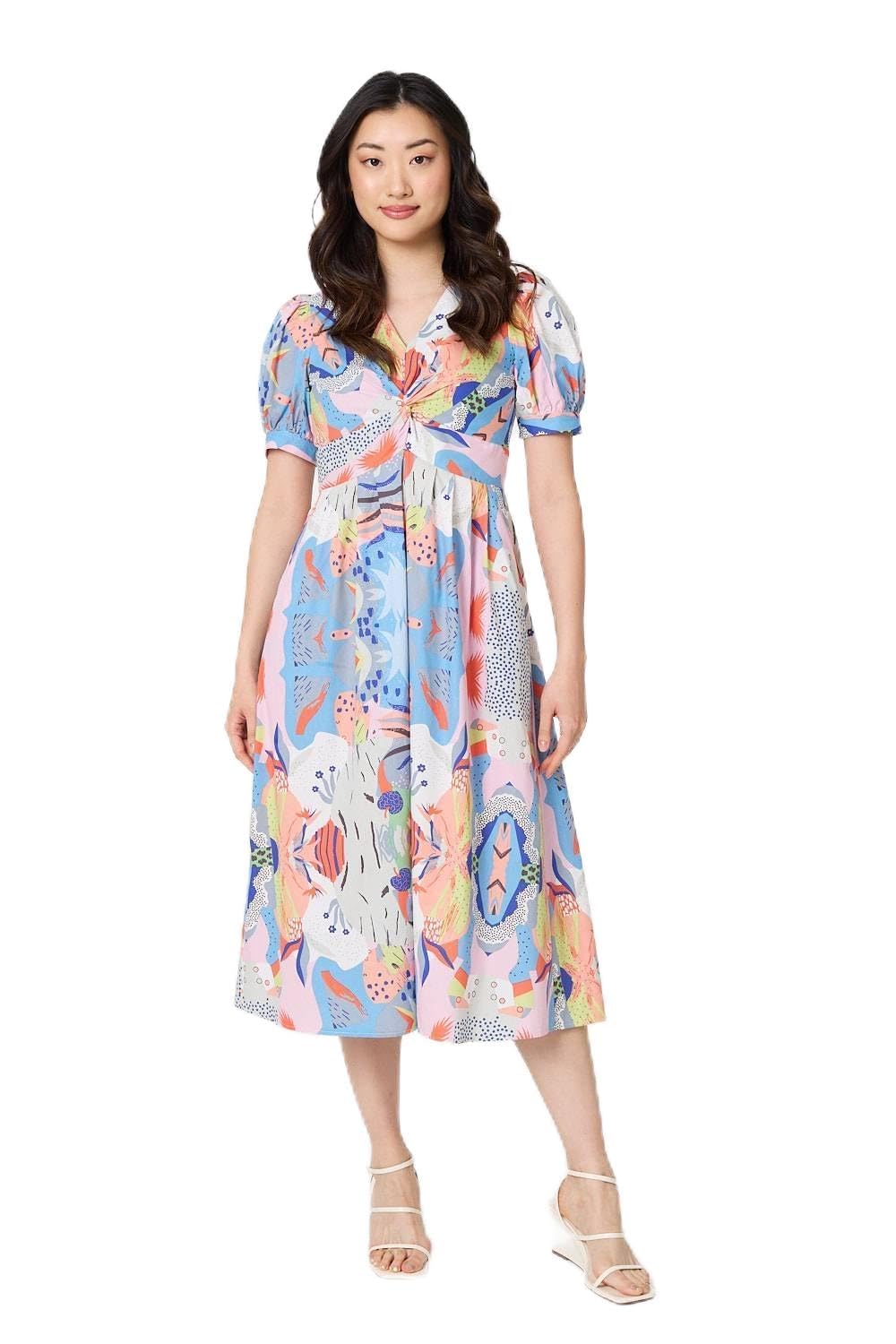Izabel London Women's Blue Abstract Ruched Front Empire Midi Dress In | Size: 12