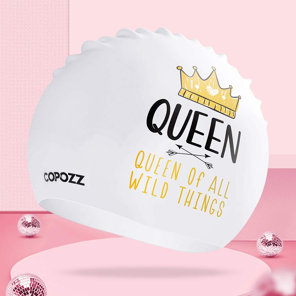 COPOZZ Adult Swimming Cap, Waterproof Silicone Swim Cap for Women & Girls, Long/Short Hair, White, White+Gold, 9.64*7.87 Zoll - Image 2