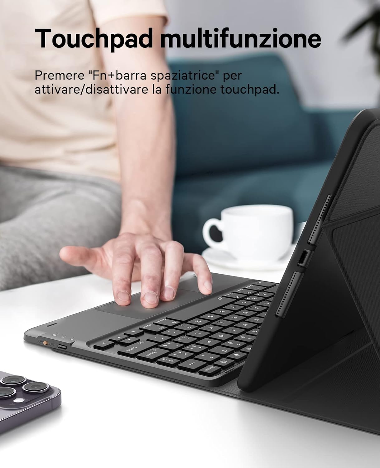 User interacting with touchpad on Earto keyboard