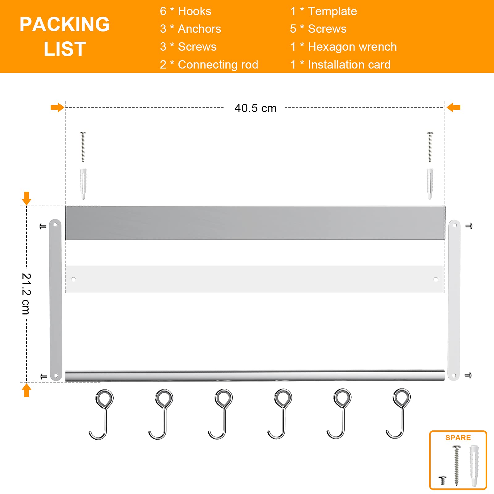 Ninonly Iman para Cuchillos en Pared 40cm Barra Magnetica para Cuchillos de Acero Inoxidable con 6 Quitar Ganchos Soporte Magnetico para Cuchillos y Soportes para Utensilio