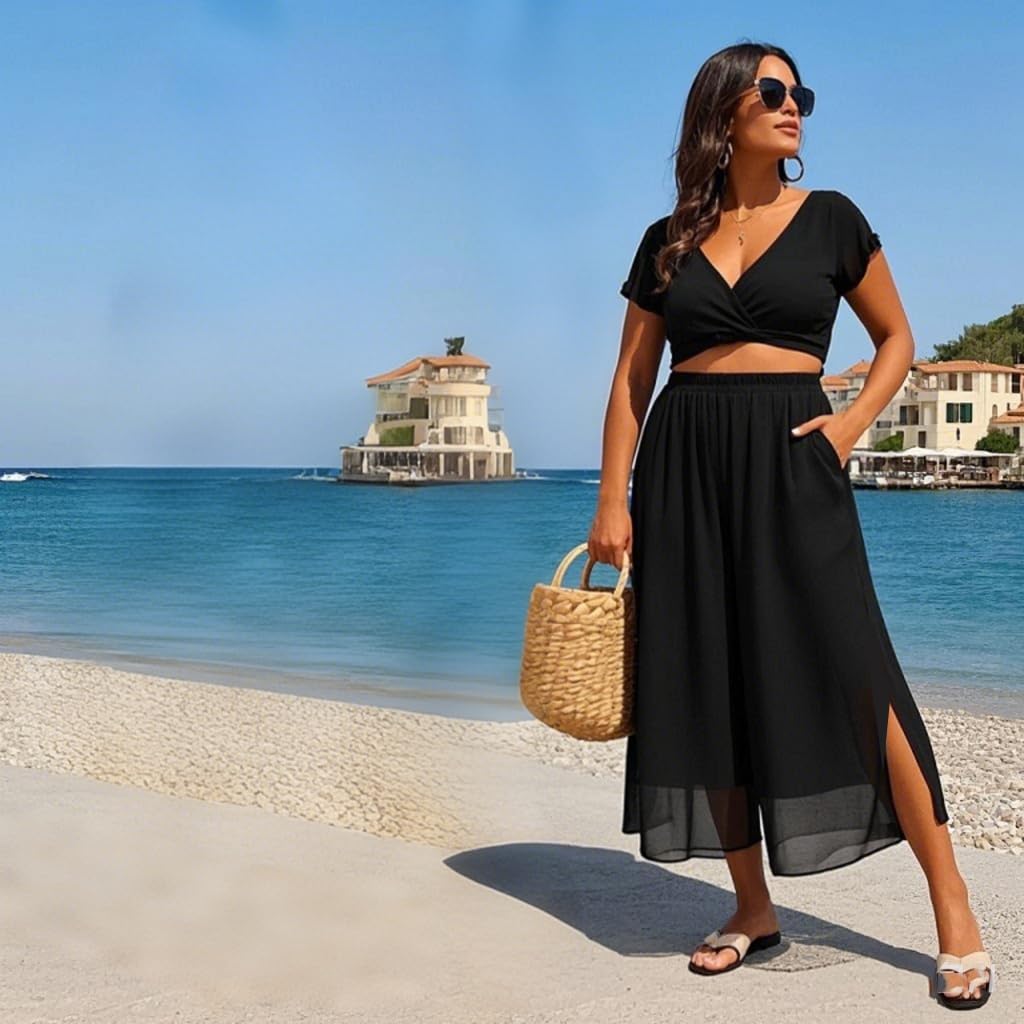 zsangbee Damen Chiffonhose mit weitem Bein, Palazzo-Hose, Schlitz, Caprihose, Sommer, Boho, Freizeitkleid, Strand, Urlaub, Party, Hochzeit, Outfits