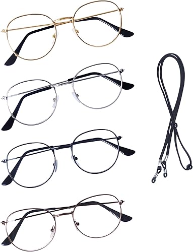 Paquete de 4 lentes de lectura unisex para hombres y mujeres, marco de metal retro vintage + correa para gafas