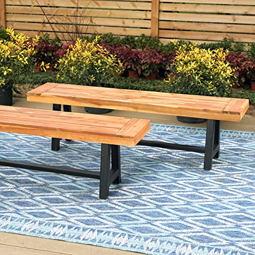 Sophia & William Outdoor Patio Acacia Wood Bench Set Of 2, Oil Finished Backless Wooden Garden Park Bench For Patio Porch, Modern Slim Outdoor Dining Furniture,Teak Color #TOP5
