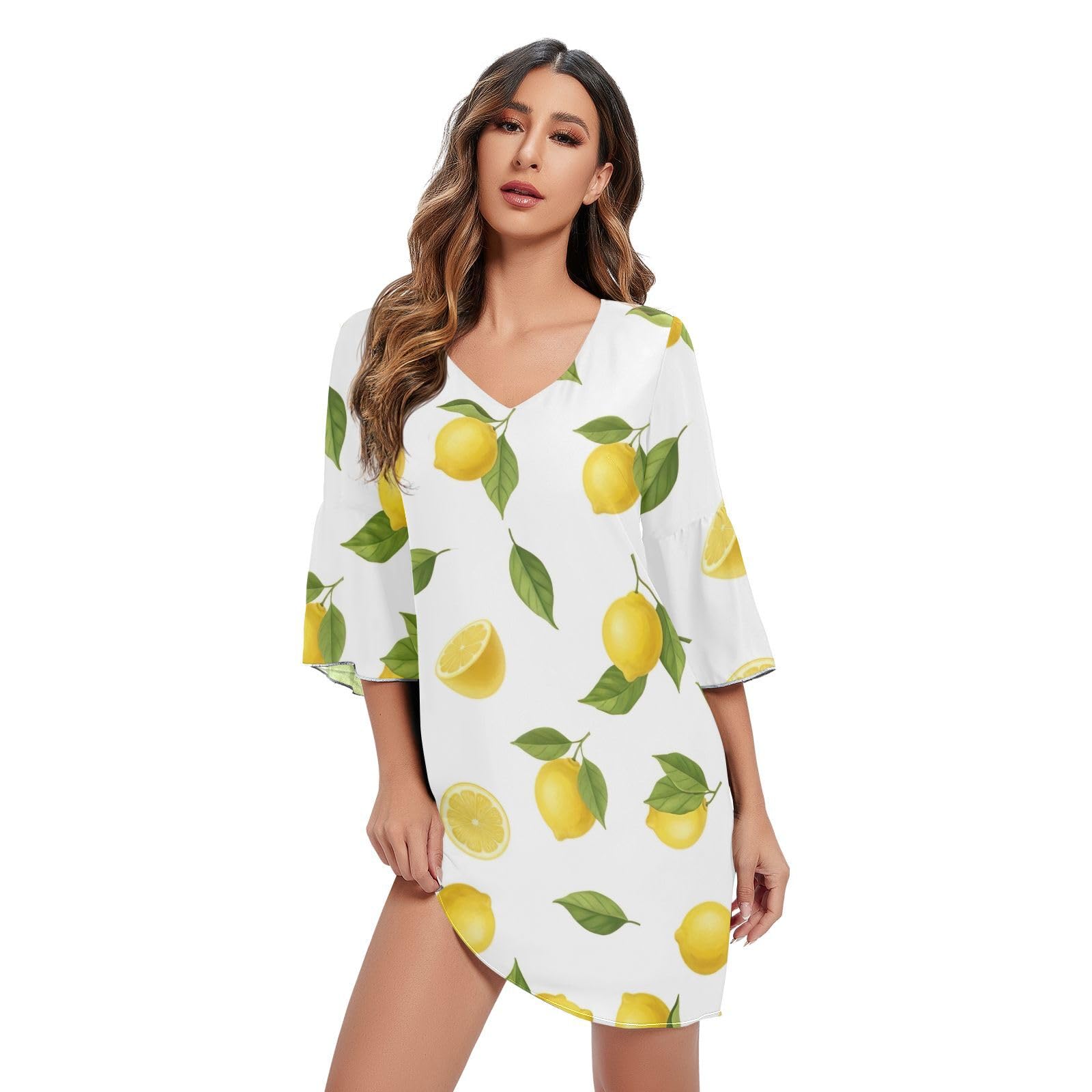 Robe de plage imprimé citrons et feuilles vertes au style chic - 7