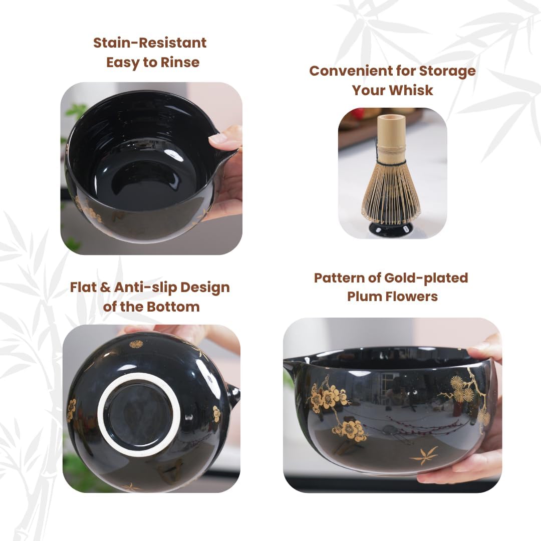 Matcha Whisk Set, 8 Pcs Gold Plum Blossom Matcha Kit for Japanese Tea Ceremony, Ceramic Bowl with Spout, Bamboo Whisk, Spoon, Scoop, Sifter, Towel, Gift for Beginners and Matcha Lovers(Black) - Image 5