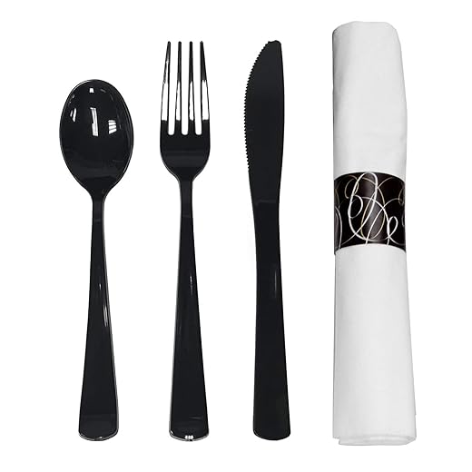 Party Essentials Pre-Rolled Disposable Extra Heavy Duty Plastic Cutlery Kit with Black Fork/Knife/Spoon and 3-Ply White Napkin (Case of 100 rolls)