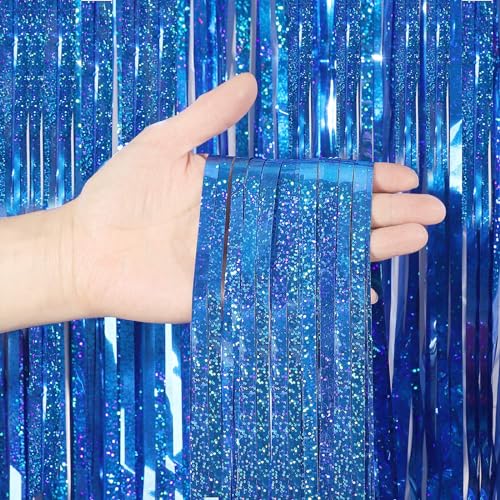 Image of CYLMFC Foil Fringe Curtain - 2 Packs 3ftx8ft Metallic Curtain Backdrop for Birthday Party Decorations Photo Booth Backdrop Christmas Halloween - Deep Blue