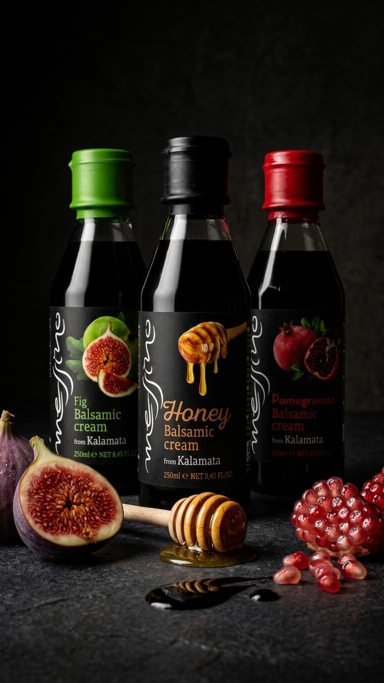 Messino Mezcla Gourmet de Cremas Balsámicas Griegas | Higos, Miel y Granada | Paquete de 3 x 250 ml (Total 750 ml) | Sin Azúcares Añadidos | Elaboración Tradicional