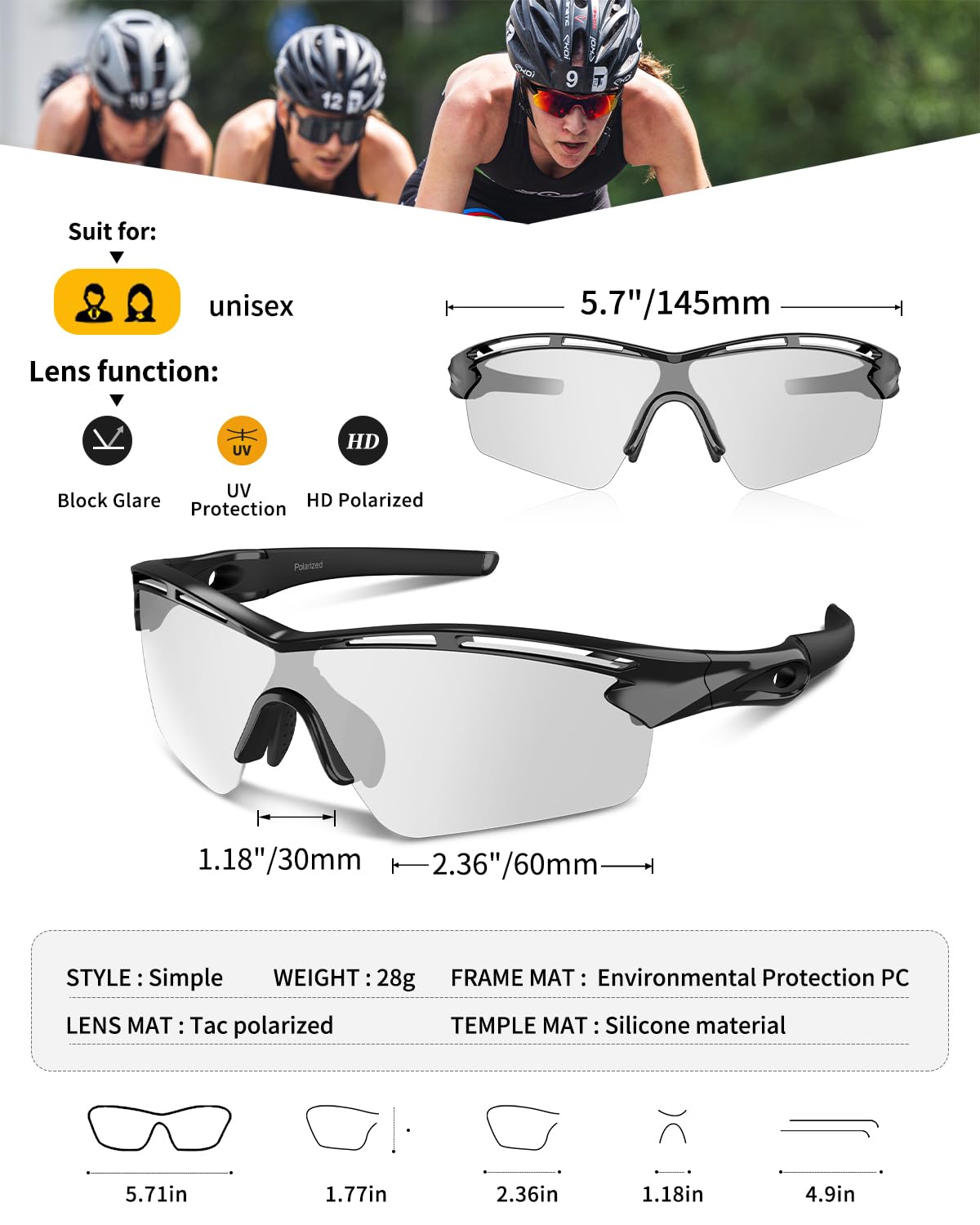 Rosemal Polaryzowane sportowe okulary przeciwsłoneczne do biegania, jazdy samochodem, wędkowania, wędrówek, dla mężczyzn i kobiet, UV400, fotochromowe