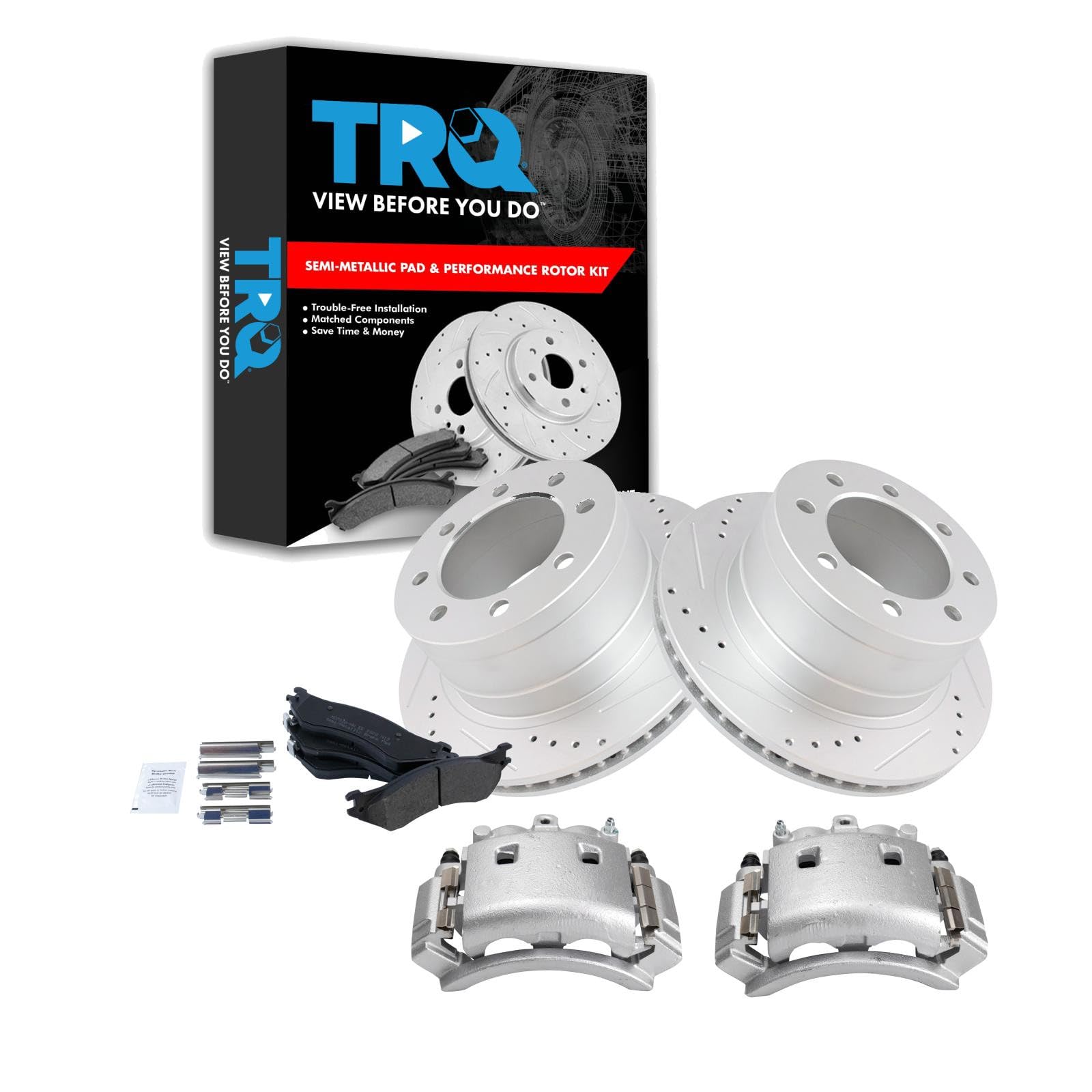 TRQ Rear Performance Brake Pad, Caliper, &amp; Rotor Kit Semi-Metallic Vented Premium G-Coated Compatible with 2003-2008 Dodge Ram 3500