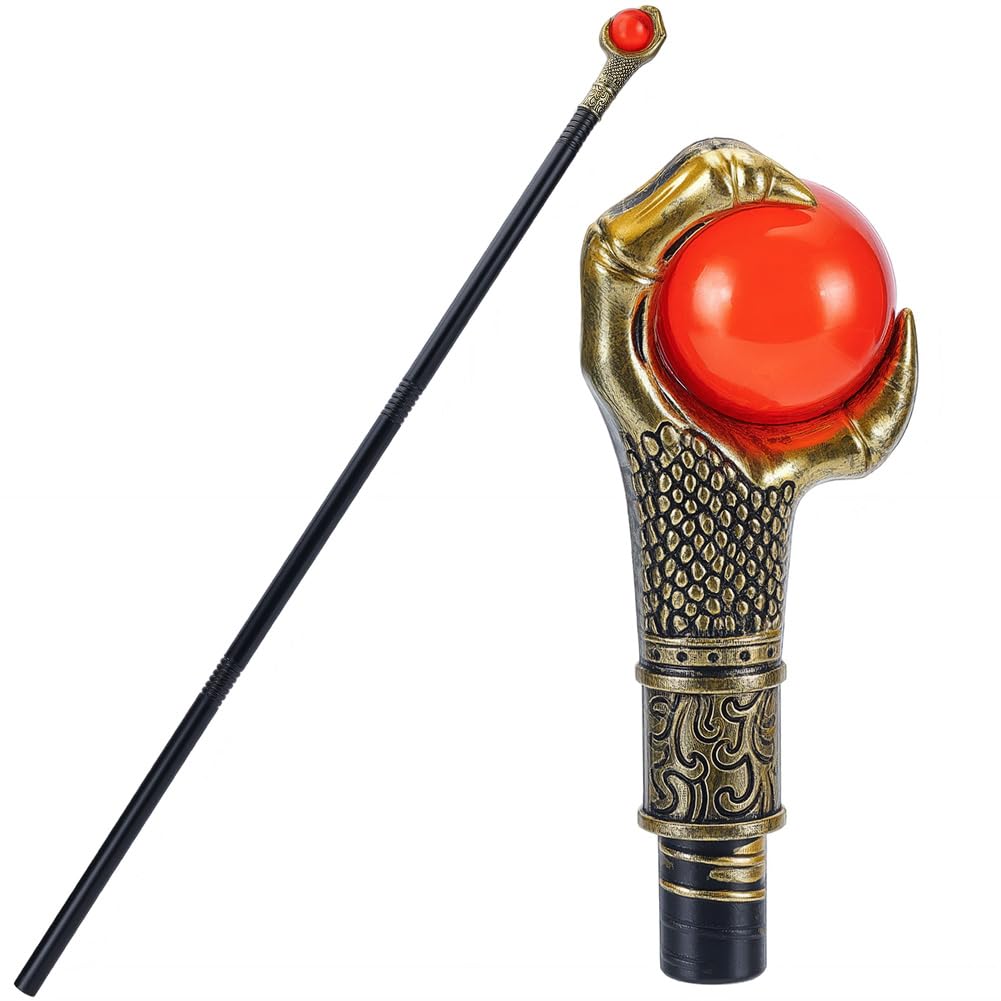GORGECRAFT Vintage Walking Stick Antique Cane Plastic Halloween Party Cosplay Scepter Gold Eagle Claw Red Ball Costume Cane Grasping King Wand Handle Knob Punk Prop for Themed Events Stage Shows