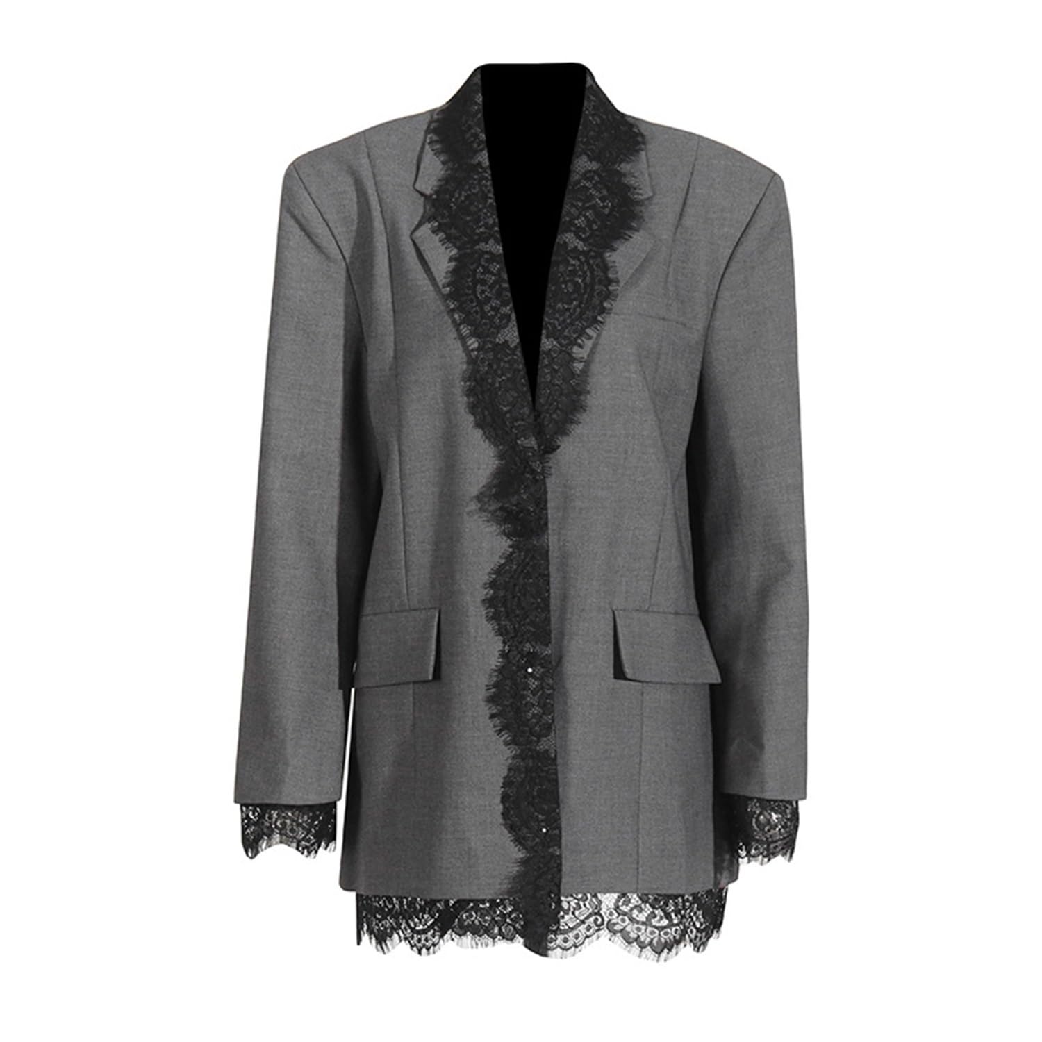Womens Blazer with Black Lace Trim Lapel Cuff Hem Single Breasted Long Sleeve Office Ladies Work Wear Female