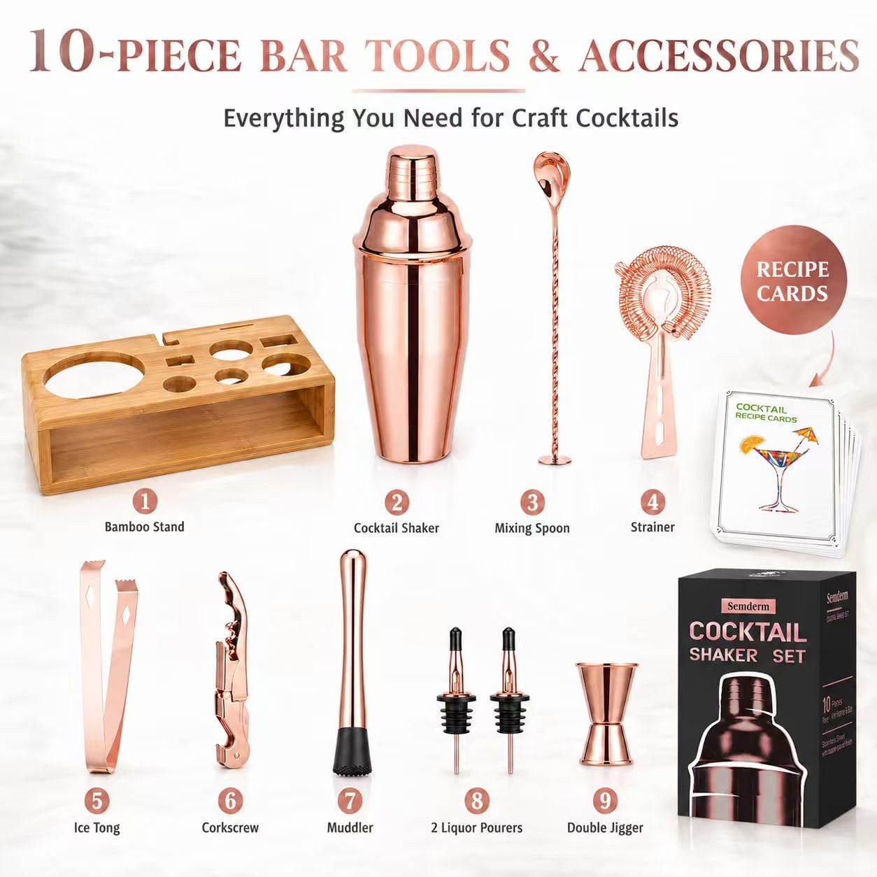 Rose Gold Cocktail Shaker Set, Premium 18/8 Stainless Steel Mixology Bartender Kit with Stylish Bamboo Stand 10-Piece Bar Tools & Accessories for Home Decor - Gift for Women, Mom, Wedding view 2