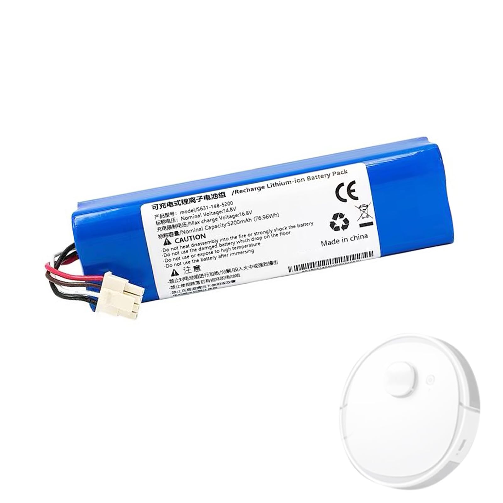 HJGHY 14.4V 14.8V 5200mAh Rechargeable Li-ion Battery Robot Vacuum Cleaner Battery Pack Replacement Spare Battery with Waterproof PVC Case and 4pins connector