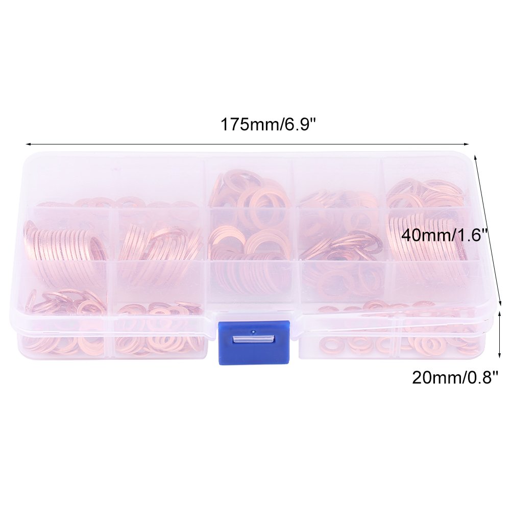 Copper Washer Assortment Set, 280pcs 12 Sizes Assorted Solid Copper Crush Washers Seal Flat Rings Kit Hardware Flat Rings Metric Washers Set W/Storage Box, Gold