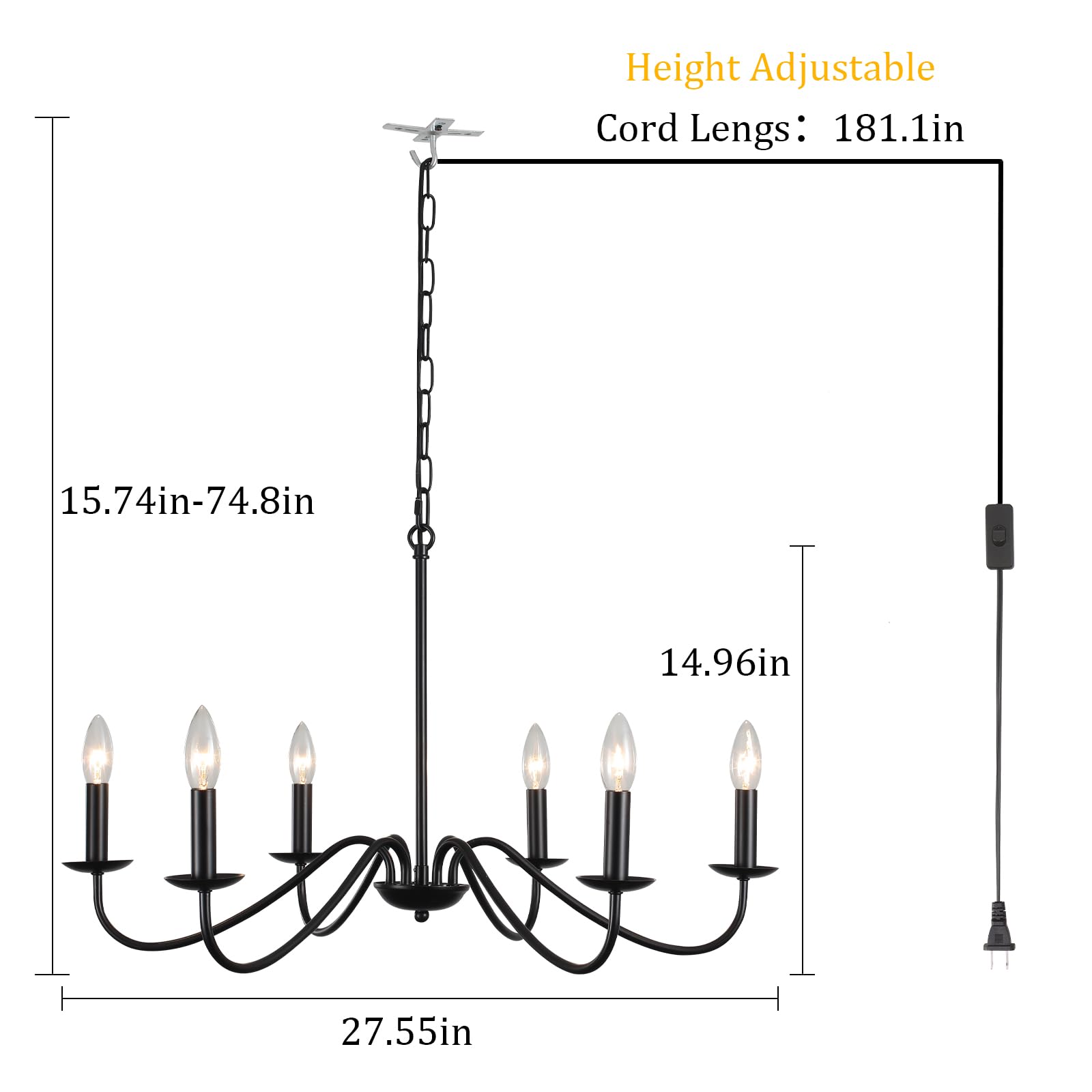 LWYTJO 6 Lights Black Plug in Chandelier, Rustic Chandeliers for Dining Room, Modern Farmhouse Chandelier Hanging Light Fixture with Switch for Living Room, Foyer, Bedroom, Kitchen Island