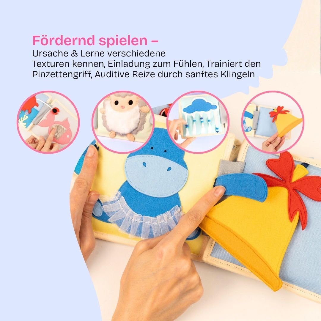 Jolly Designs – Happy Sheep - 6 Seiten Mini Quiet Book – Montessori Spielzeug ab 4 Monaten – Motorik & Sensorik fördern – Handgefertigtes Filzbuch – Lernspielzeug für Kleinkinder – Busy Book
